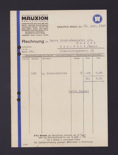 Saalfeld saale rechnung 1946 - rechnung,