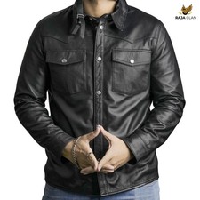 Leatherick Herren Lammfell Lederhemd Schwarz Freizeit Motorrad Hemd Jacke Männer