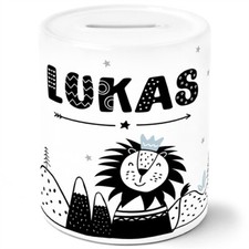 Kinder Spardose mit Namen Löwe Tiermotiv Skandi Stil Sparschwein Keramik