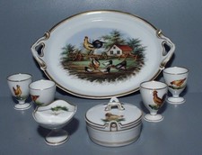 Top Eierbecher Set 7teilig Porzellan Hühner Bilder handgemalt Thüringen ? 1900 ?