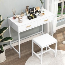 Weiß + Goldene Griffe MDF Schminktisch Frisiertisch mit Hocker & 2 Schubladen