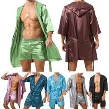 Herren Glanz Satin Bademantel mit Gürtel Leichte Kapuze Robe Kimono Nachtwäsche 