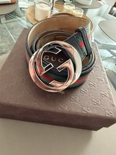 Gucci Gürtel mit GG Schnalle / Grün-Rot-Grün Webgürtel / 105cm