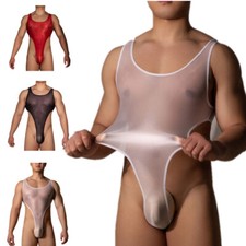 DE Herren Sexy Glänzend Sheer Body Ärmellos Sehen durch Bulge Pouch Unterwäsche