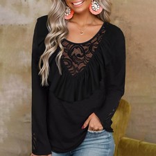 Damen Rüschen Oberteile Langarm T-Shirt Spitze Bluse Freizeit Tops Langarmshirt