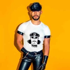 TOM OF FINLAND HERREN LEDER T-SHIRT WEISS T-SHIRT GAY KULTUR T-SHIRT