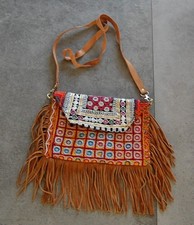 Hippie Damen Schultertasche, Leder, Spiegel, Fransen, Boho Ibiza Style