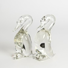 Murano Glas Figuren Paar Enten Cenedese Anthrazit Klar italienische Glaskunst