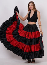 Langer Damenrock lässig Tribal Bauchtanz Satin 4 Stufen Flamenco rot & schwarz
