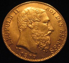 MDS BELGIEN BELGIUM 20 FRANCS 1877 "LEOPOLD II", GOLD  #V