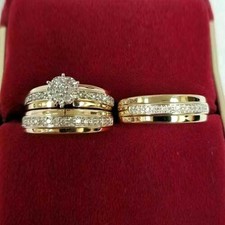 Braut-Trio-Ring-Set aus 14-karätigem Gelbgold mit künstlichem Diamant für...