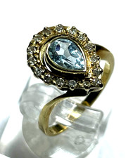 585 Gold 14 K Ring Aquamarin Tropfen + 16 Diamanten RG 51 Juwelier Etagenring