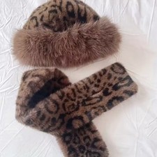 NEU! Exquisite kuschelige Mütze Hut und Schal Leomuster Kunstfell Dunkelbraun