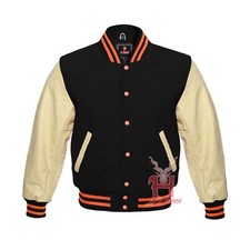 Varsity Jacke Gothic College Bomber Jacket Unisex Schwarz Creme Leder Retro