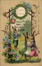 Präge Litho Glückwunsch Ostern, Tanzende Osterhasen, Blumen - 11189305