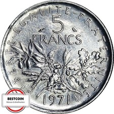 FRANKREICH KM 926a  5 Francs Säerin von 1971 in VZ-STG SEHR SELTEN  2745