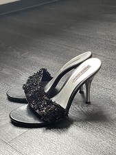 High Heel Pantolette, schwarz, Metallabsatz, Perlen, Gr. 38, Absatz 9,5 cm