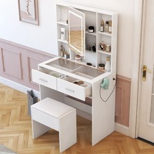 LED-Schminktisch mit Hocker, Transparente Tischplat, Steckdosenleiste, Schublade