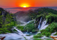 Vlies Fototapete Wasserfall 3D Sonnenuntergang Landschaft Wald Natur Dschungel 5
