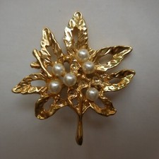 Brosche Blatt Perle Vergoldet Schmuckstück Fantasie Vintage Deko Design France