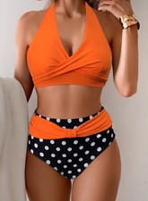 Vintage Bikini im Retro-Stil– Neckholder Top mit Schleife & Polka Dots, XXL (46)