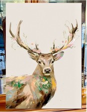 Design Leinwand Bild Hirsch Mehrfarbig Wanddekorbild auf Holzrahmen