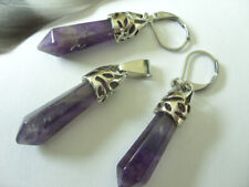 SET Amethyst 6 Eck Pendel Ohrringe Anhänger Earrings mit Edelstahl Brisuren