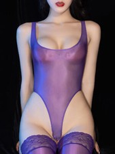 iEFiEL Damen Body Durchsichtige Glanz Bodysuit Leotard Schirtt Offen Nachtwäsche