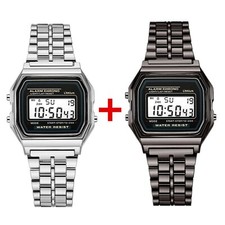 2Stück Digital Armbanduhr Herren Damen Vintage Edelstahl Wasserdicht Silber Gold