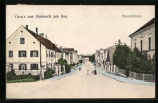 Simbach am Inn, Hauptstrasse und Frau mit Kindern, Ansichtskarte 1921 