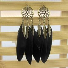 ൠ ethnische Ohrringe Ornament mit schwarzen Federn 12 cm lang