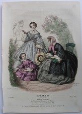 Mode Frühjahrsmode Damen Kind ,Strohhut Sonnenschirm altkol. Stahlstich 1859