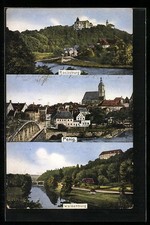 Penig, Ansichtskarte, Teilansicht mit Kirche, Rochsburg, Wolkenburg 1913 