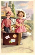 Ak Junges Mädchen im Urlaub, Koffer, Hotelpage, Tennisschläger - 4458879