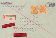 141524) Bund Nr. 136 Posthorn (2) als seltene portoger. MeF auf R-Eilbrief 1954