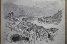 Rolf Böhlig Bleistiftzeichnung Rheinland Fluss Ortschaft