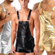 Herren Metallic Overall Hotpants Glänzendes Hosenträger Shorts Clubwear Kostüm