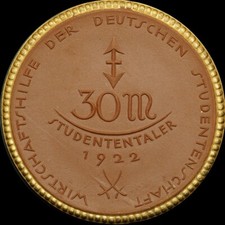 NOTGELD: 30 Mark 1922, Porzellan mit Dekor. STUDENTENTALER DER STUDENTENSCHAFT.