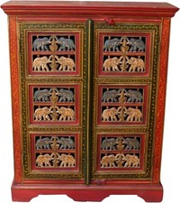 Bemalter Elefantenschrank, Beistellschrank, Kommode / Sideboard mit Schnitzerei