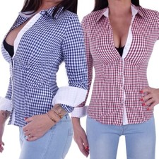 Damen Trachten Bluse Stretch langarm Tailiert Hemdbluse Sexy Kariert Ärmel B57