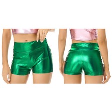 Damen Metallic Shorts Tanzshorts Hohe Taille Leder-Optik Hotpants Party Clubwear