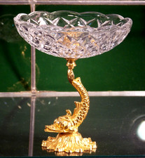 antik Kristall Glas Fuß Anbiet Schale Blume Fuß gold vergoldet Fisch H14 klein