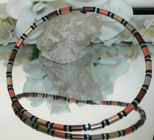 Halskette Kette Perlen Walzen Alu braun kupfer bronze  Strass mehrfarbig 299W