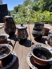 Mokkaservice Bulgarien Pfauenauge Vintage KunstKeramik 15-teilig