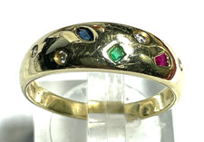 Solider 585 Gold 14 K Ring Halbkuppel mit Farbsteinen + 0,06 Diamanten RG 55