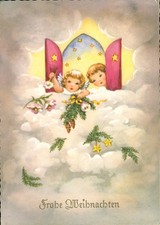 Glückwunsch Weihnachten, Engel im Himmel auf Wolke, Künstlerpostkarte