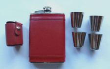 Edelstahl-Flachmann, Kunstlederhülle, Weinrot, Marke Casa Linga+4 Becher