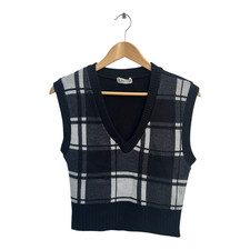 Funkydiva Pullunder Damen Gr M Schwarz Grau Kariert Glitzer V-Ausschnitt Trend