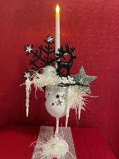 Festliches Gesteck Weihnachten Deko  Schwarz Weiß Perlen Federn Strass