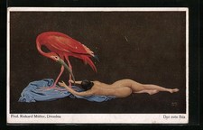 Künstler-AK Richard Müller: Roter Ibis steht neben einer nackten Schönheit 